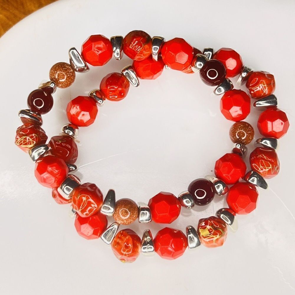2 Vintage Bracelet Silver Tone Spacer Red Lucite Goldstone  Beaded Stretch 4708